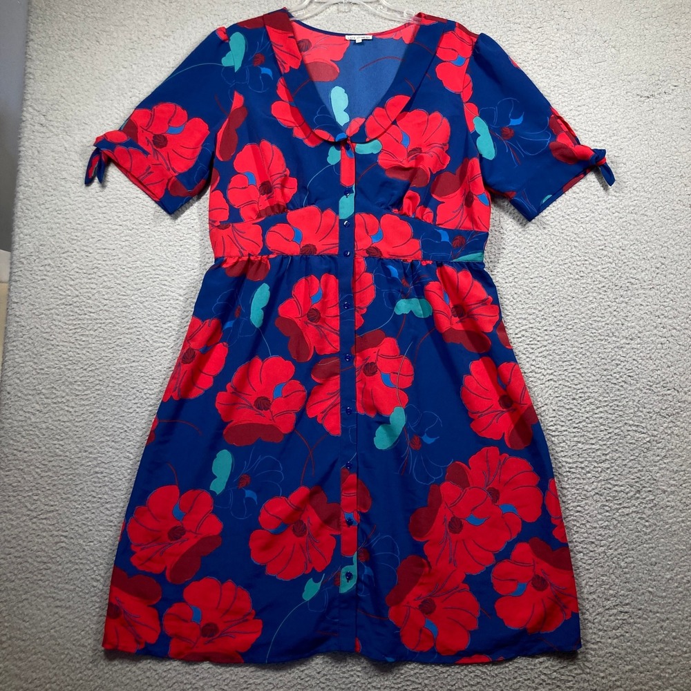 Lace & Mesh‎ Button Up Floral Dress Womens XL Blue Red Poppy Peter Pan Babydoll